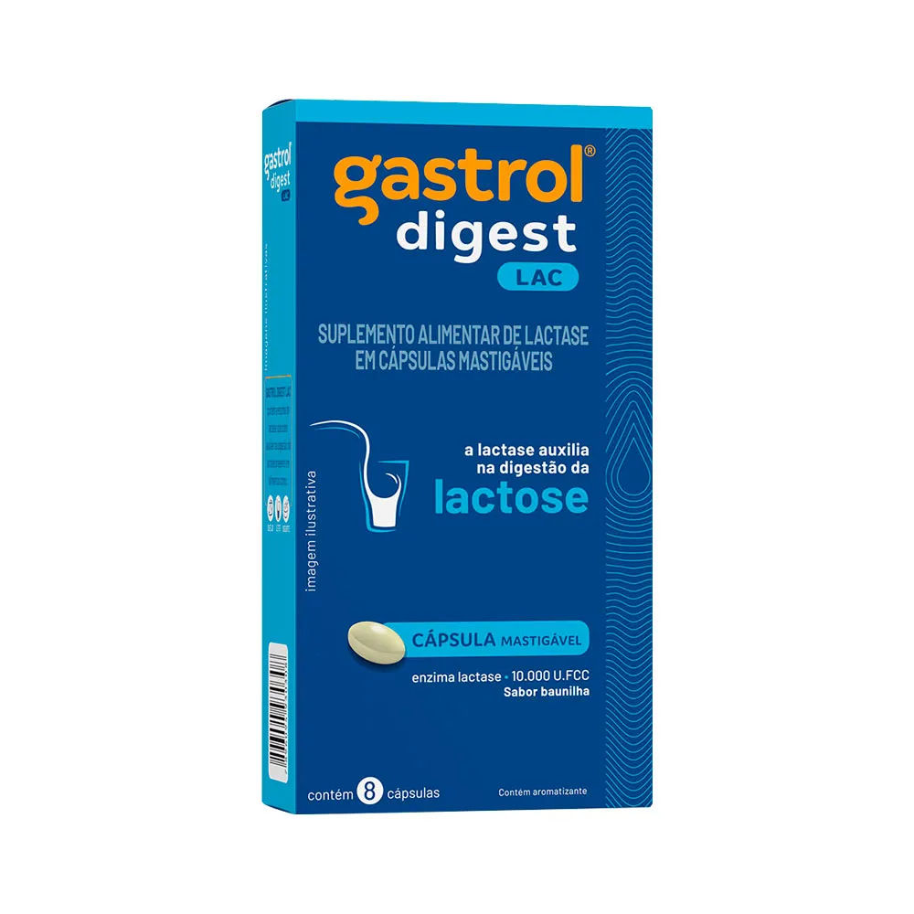 Enzima Lactase Gastrol Digest Lactose 10 000U FCC 8 Cápsulas Mastigáveis