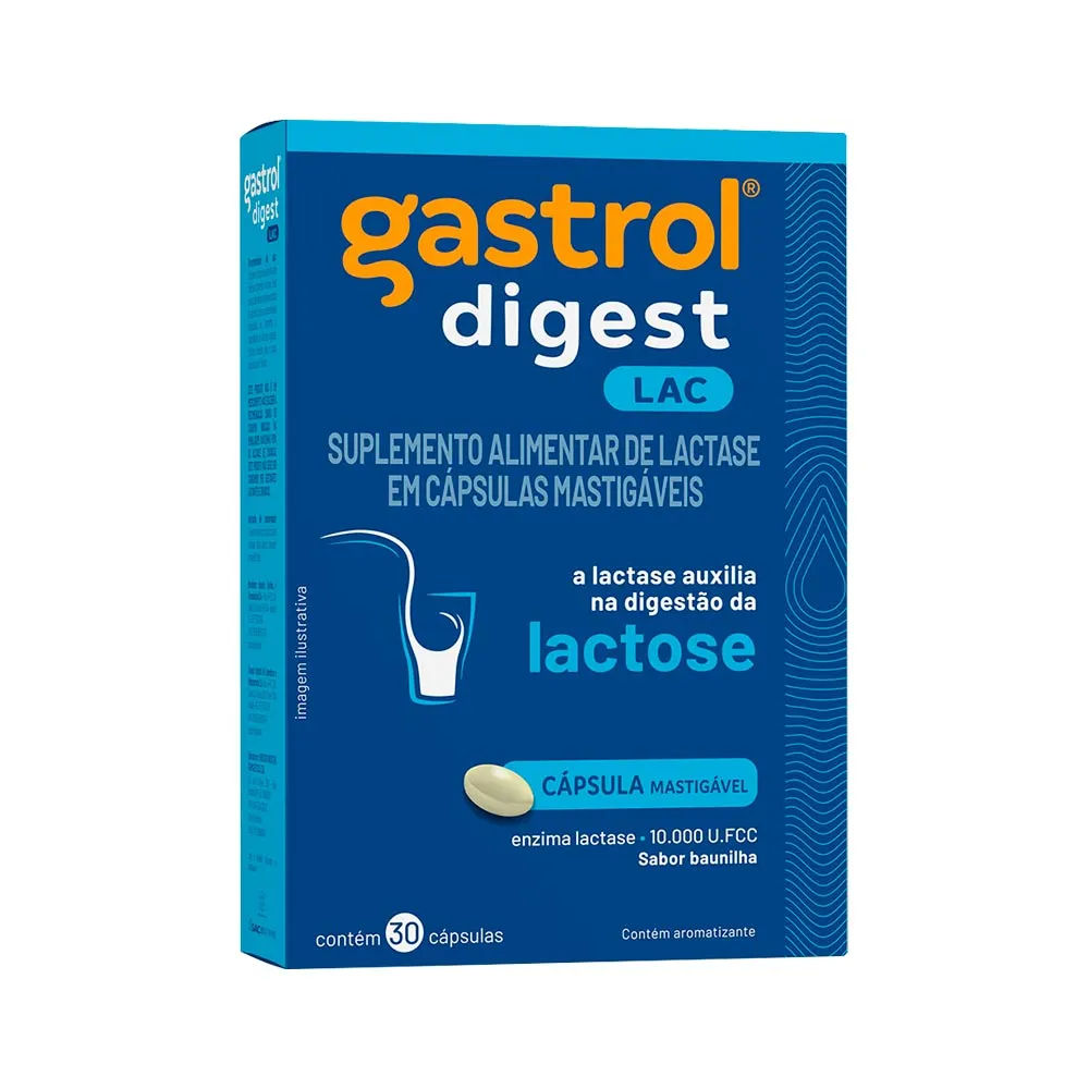 Enzima Lactase Gastrol Digest Lactose 10 000U FCC 30 Cápsulas Mastigáveis