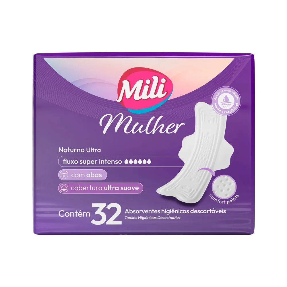 Mili Mulher Absorvente Noturno Fluxo Super Intenso Com Abas Com 32
