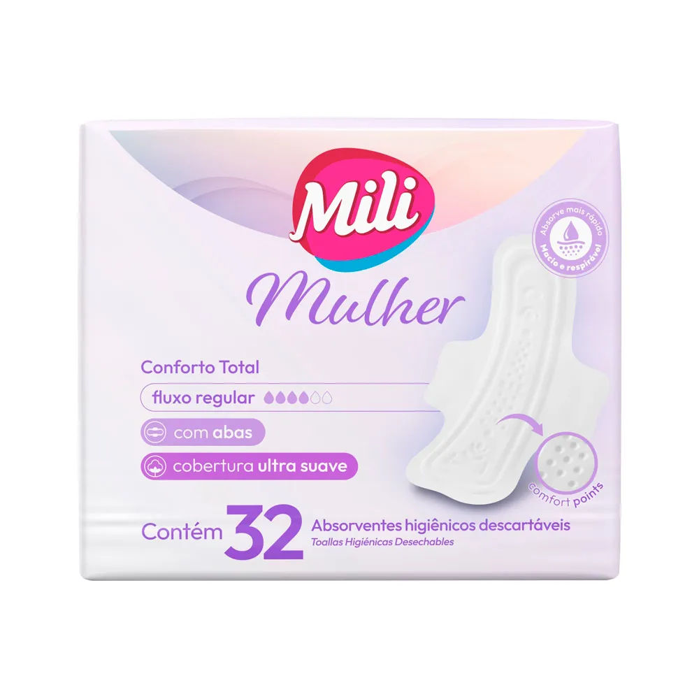 Mili Mulher Absorvente Conforto Total Fluxo Regular Com Abas Com 32