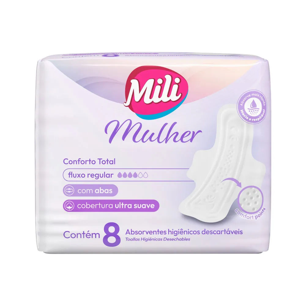 Mili Mulher Absorvente Conforto Total Com Abas Fluxo Regular Com 8