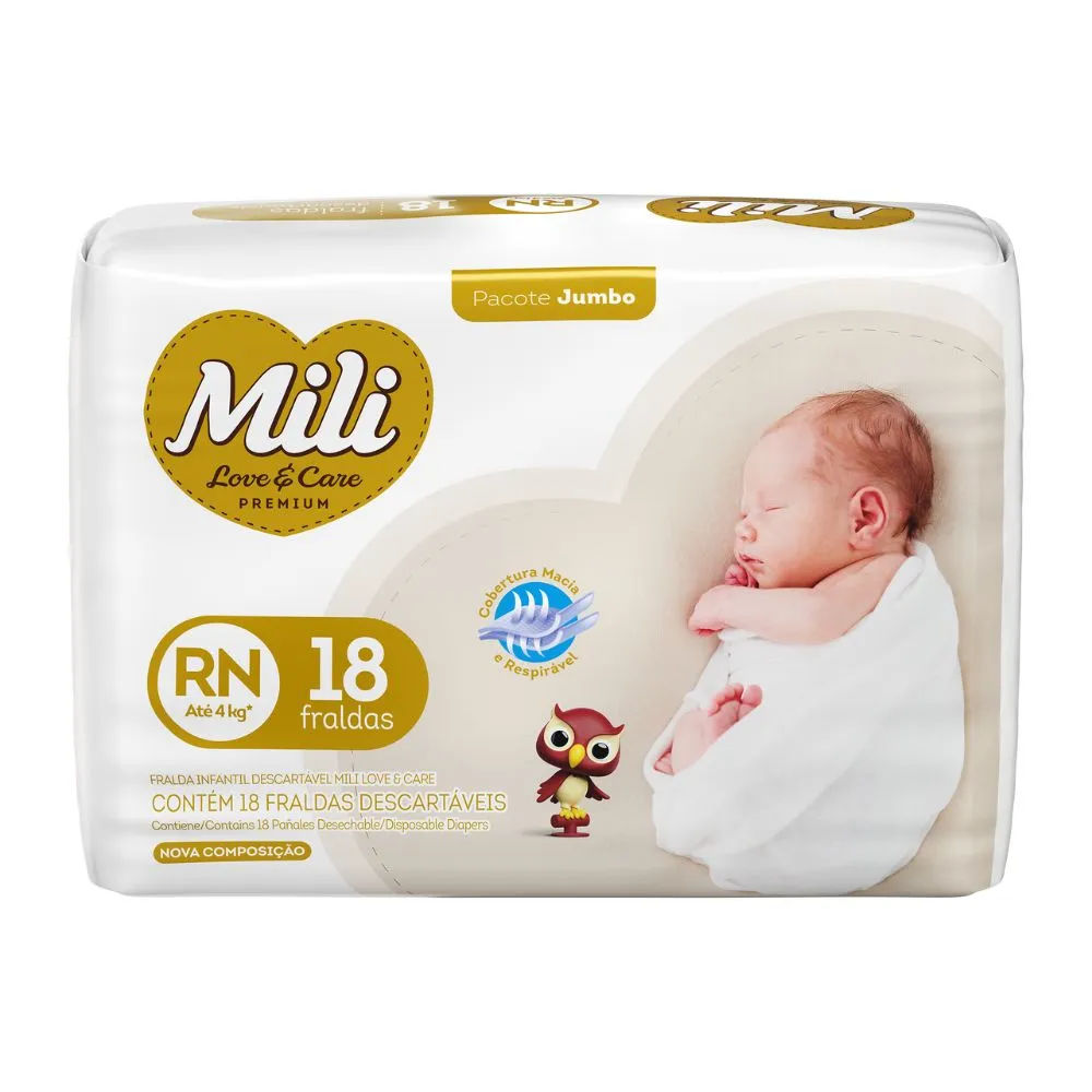 Fralda Mili Ultra Love e Care Premium RN 18 unidades