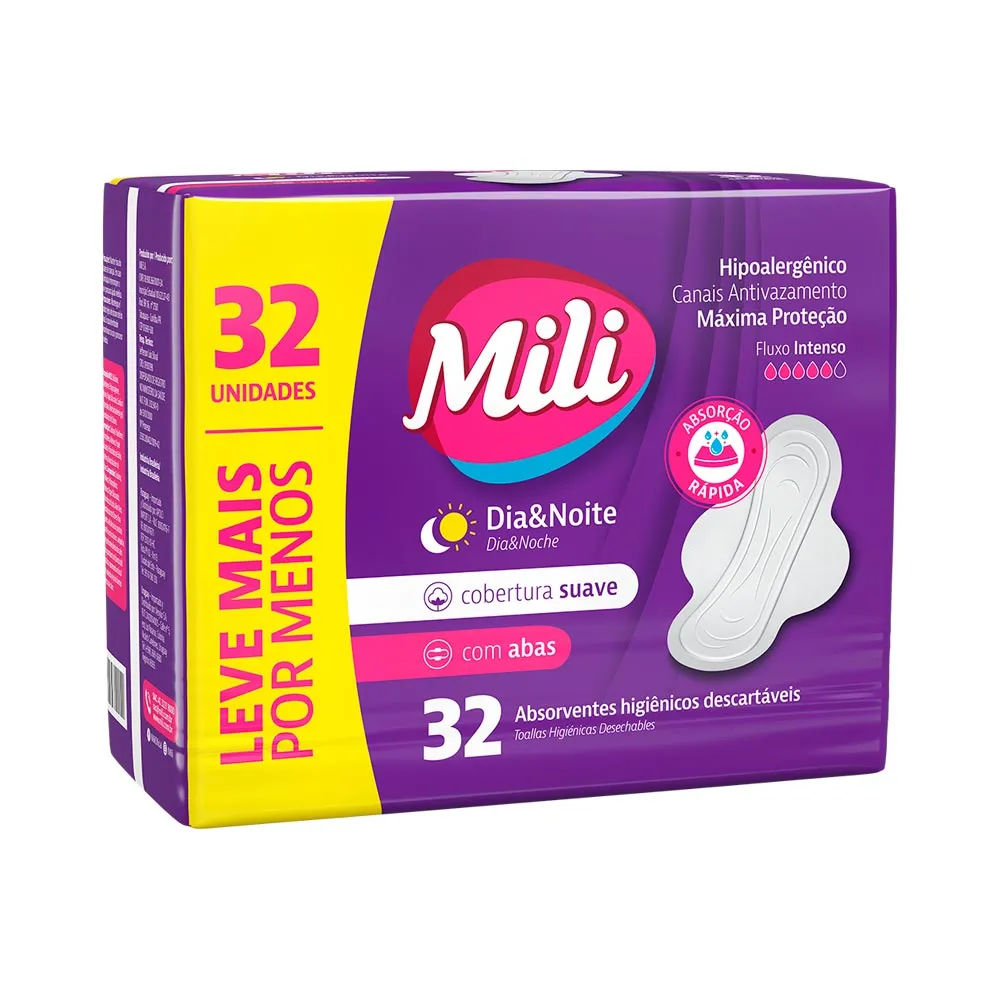 Absorvente Mili Dia e Noite Suave com Abas 32 Unidades
