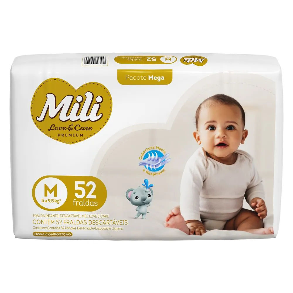 Fralda Mili Love e Care Mega M 52 unidades