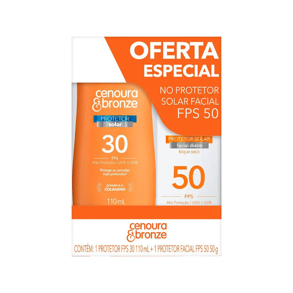 Protetor Solar Fps30 110ml + Protetor Solar Facial Fps50 50g Cenoura E  Bronze Especial