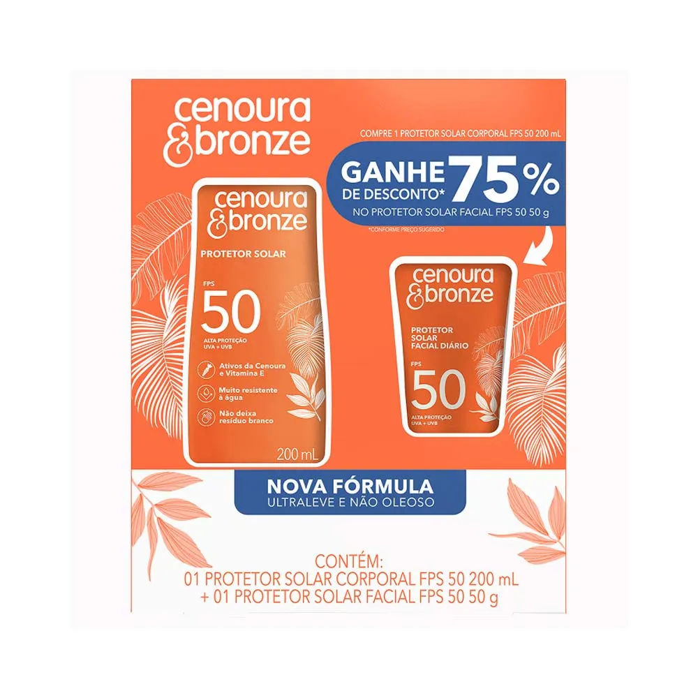 Kit Cenoura & Bronze Protetor Solar Corporal FPS50 200ml + Protetor Solar Facial Toque Seco FPS50 50