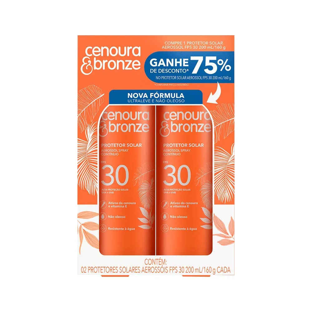 Protetor Solar Aerossol Cenoura & Bronze FPS 30 Cenoura & Bronze Caixa 2 Unidades 200ml