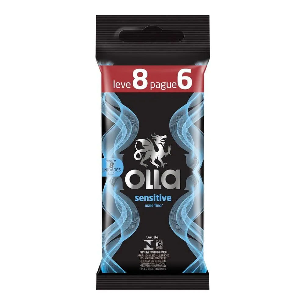 Preservativo Masculino Lubrificado Olla Sensitive Pacote Leve 8 Pague 6 Unidades
