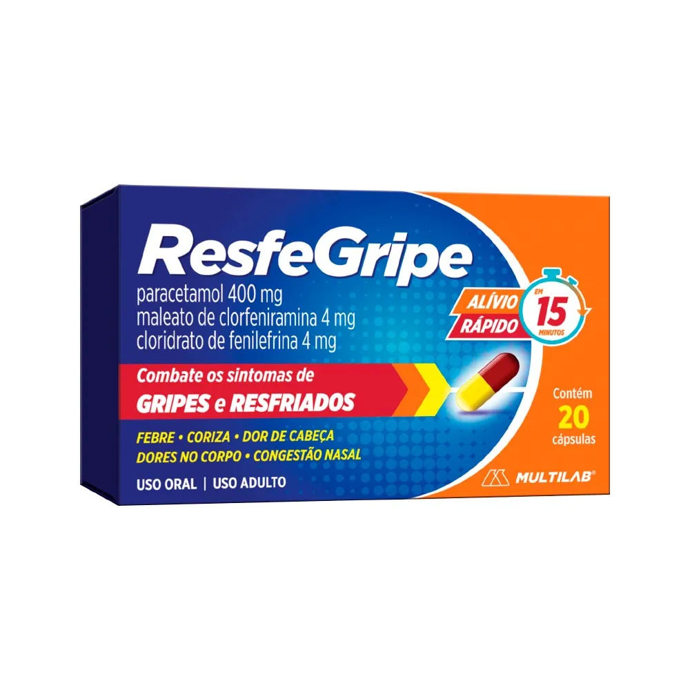 Resfegripe 400mg + 4mg + 4mg, blíster com 20 cápsulas Multilab