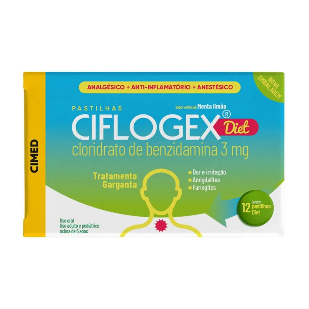 Pastilha De Garganta Ciflogex Diet 3mg - Menta e Limão 12 Pastilhas Cimed