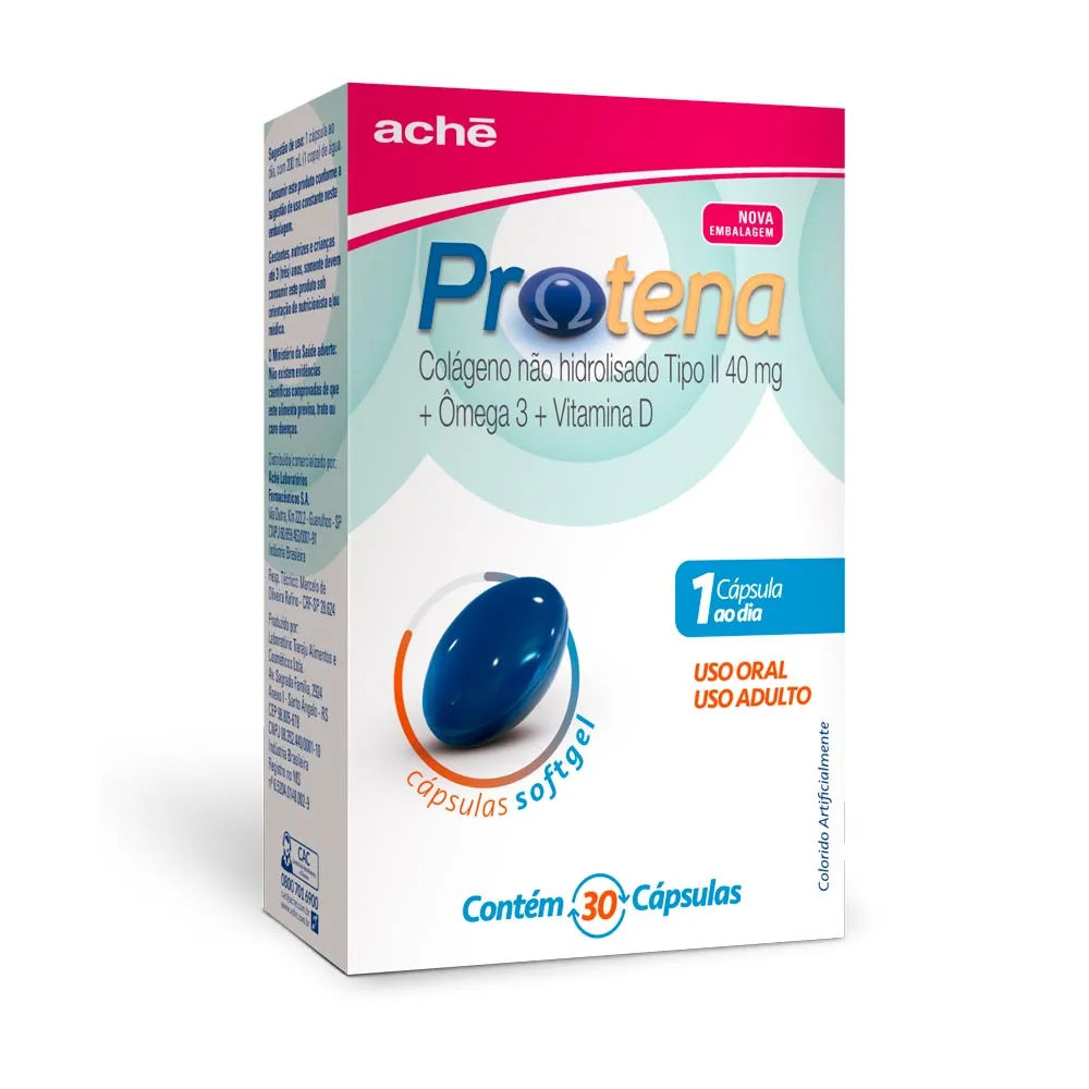Protena Colágeno Não Hidrolisado Tipo II 40mg + Ômega 3 + Vitamina D 30 cápsulas