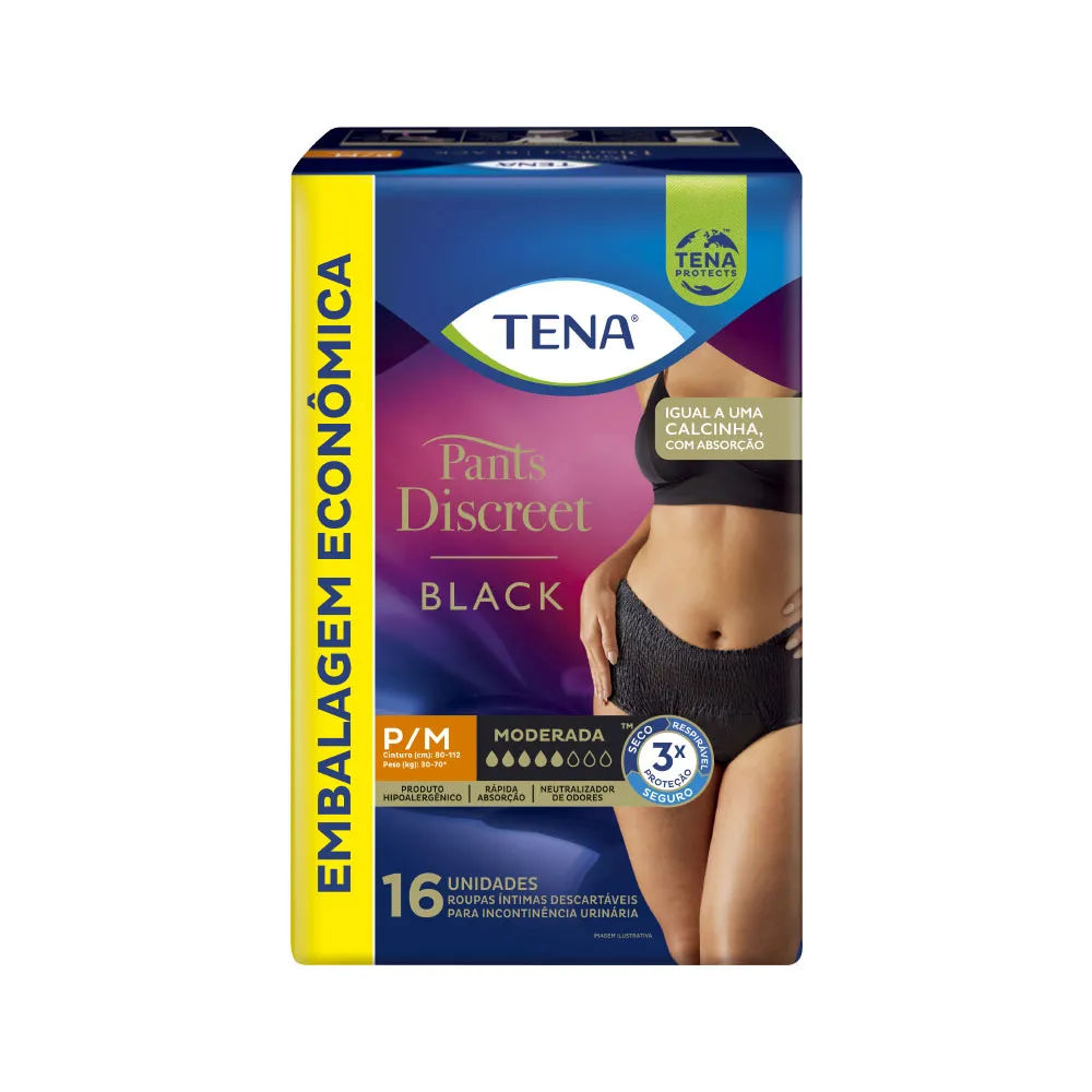 Calcinha Descartável Tena Pants Discreet Preta P/M 16 Unidades