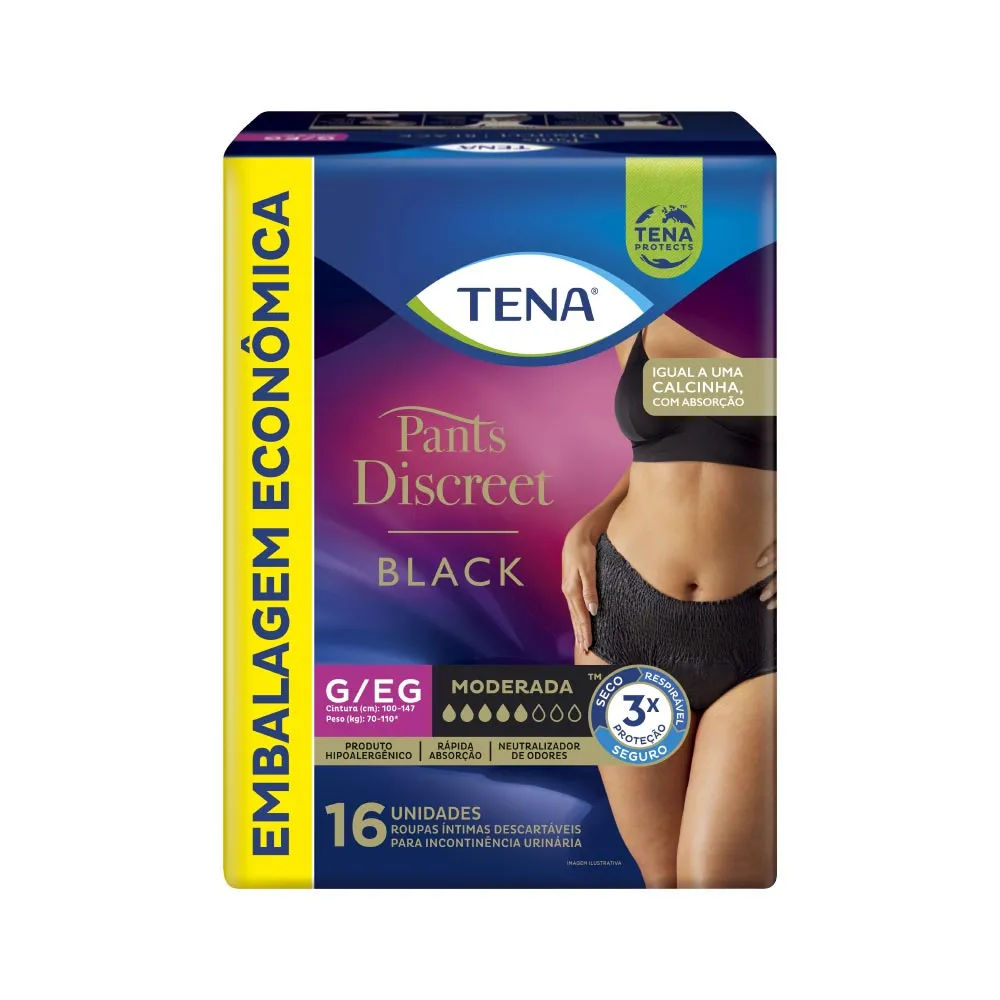 Calcinha Descartável Tena Pants Discreet Preta G/EG 16 Unidades