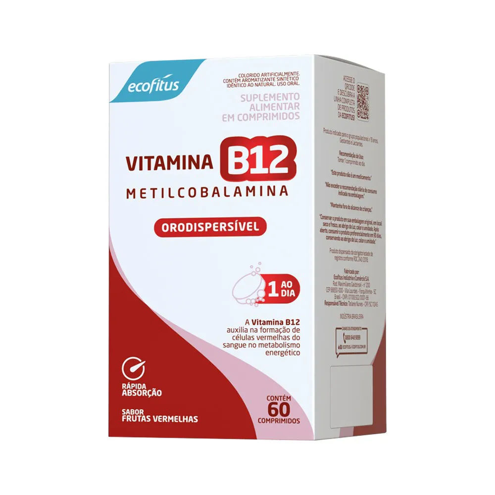 Vitamina B12 Metilcobalamina 60 Compromidos Orodispersíveis Frutas  Vermelhas Ecofitus