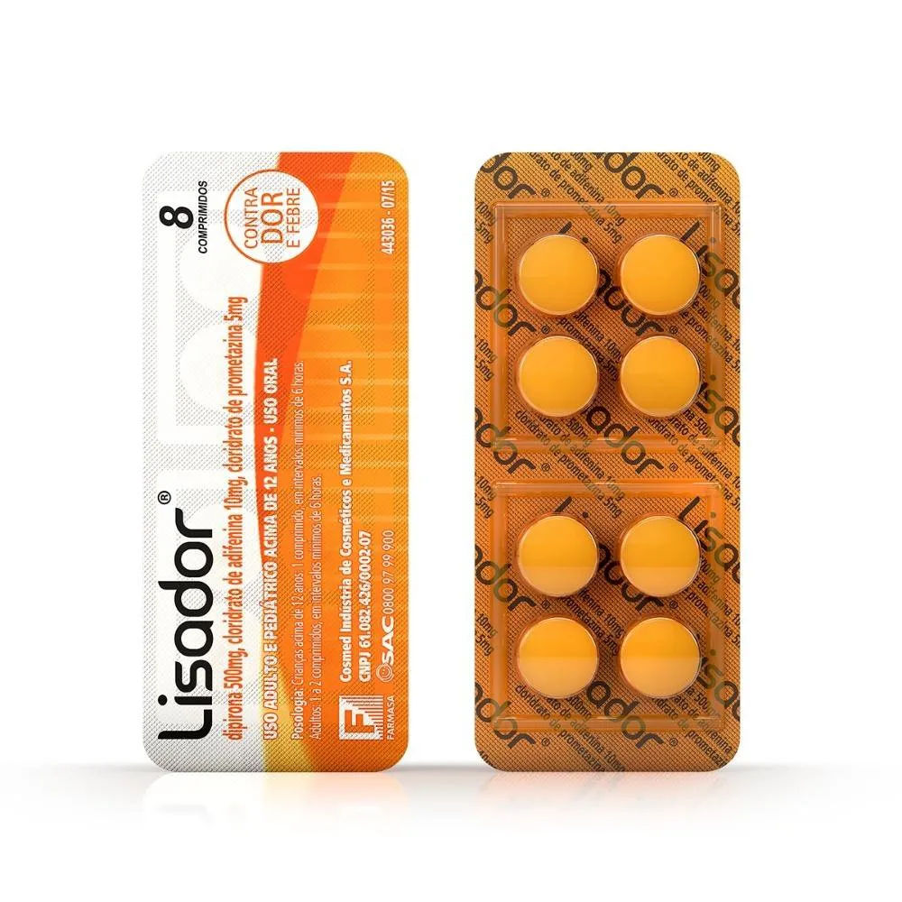 Lisador Dipirona 500mg + Adifenina 10mg + Prometazina 5mg 8 Comprimidos   Enter/