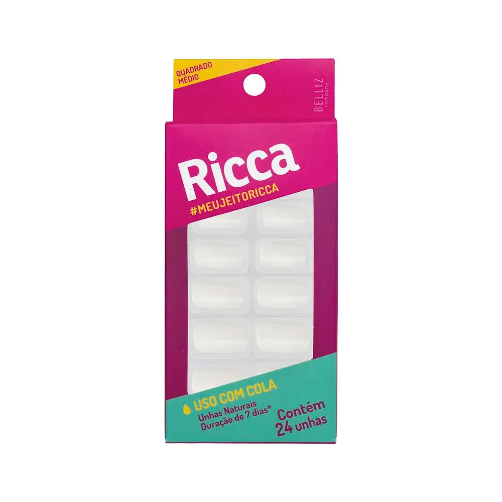 Unhas Ricca Com 24 Incolor Quadrado Medio
