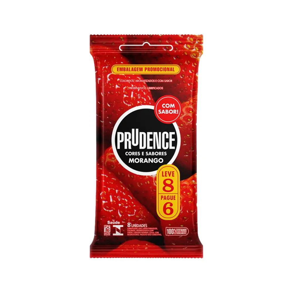 Preservativo Masculino Lubrificado Morango Prudence Cores E Sabores  Pacote Leve 8 Pague 6 Unidades Embalagem Promocional