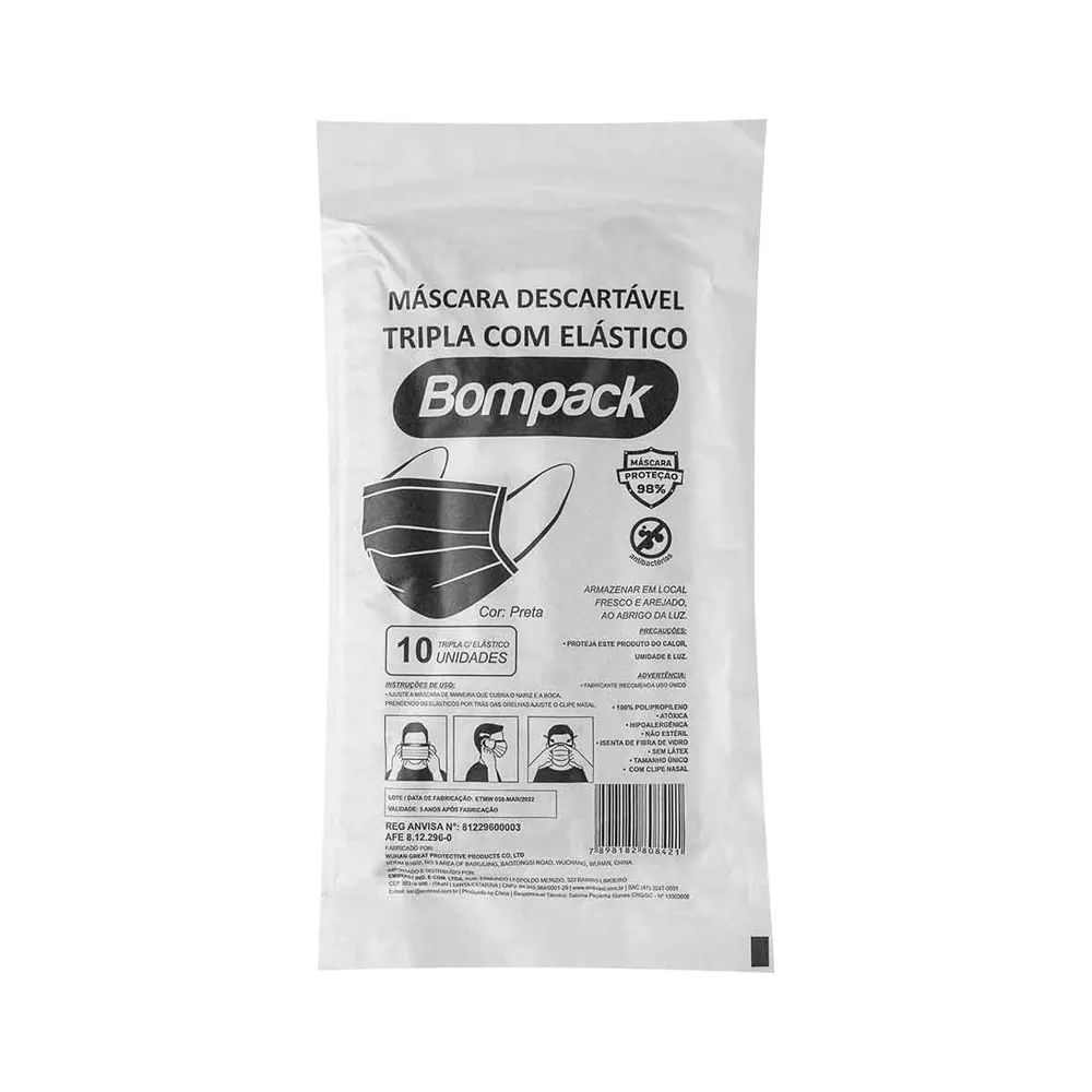 Mascara Descartavel Preta Bompack Tripla Com Elastico 10 Unidades