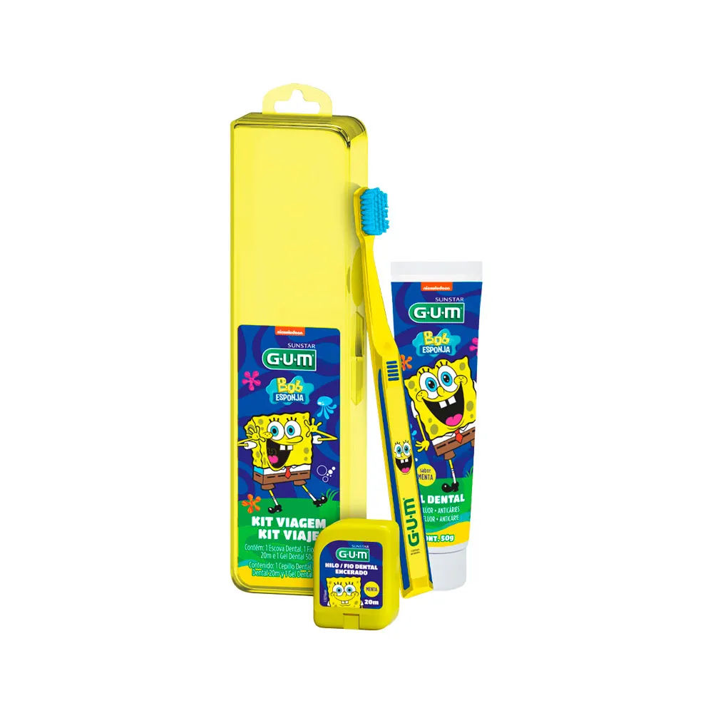 Kit Viagem Infantil GUM com Escova + Fio Dental + Gel Dental Bob Esponja