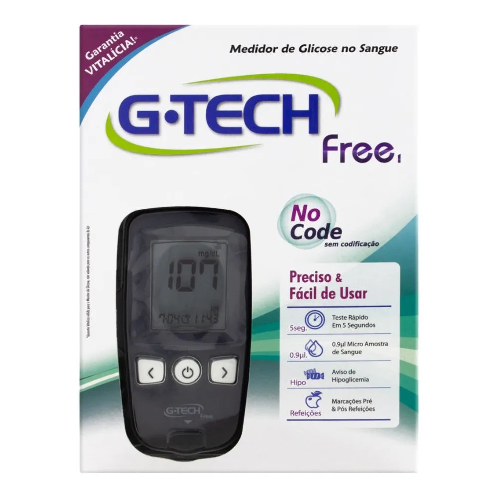 Medidor de Glicose G-Tech Free No Code com 10 tiras + 10 lancetas + 1 lancetador