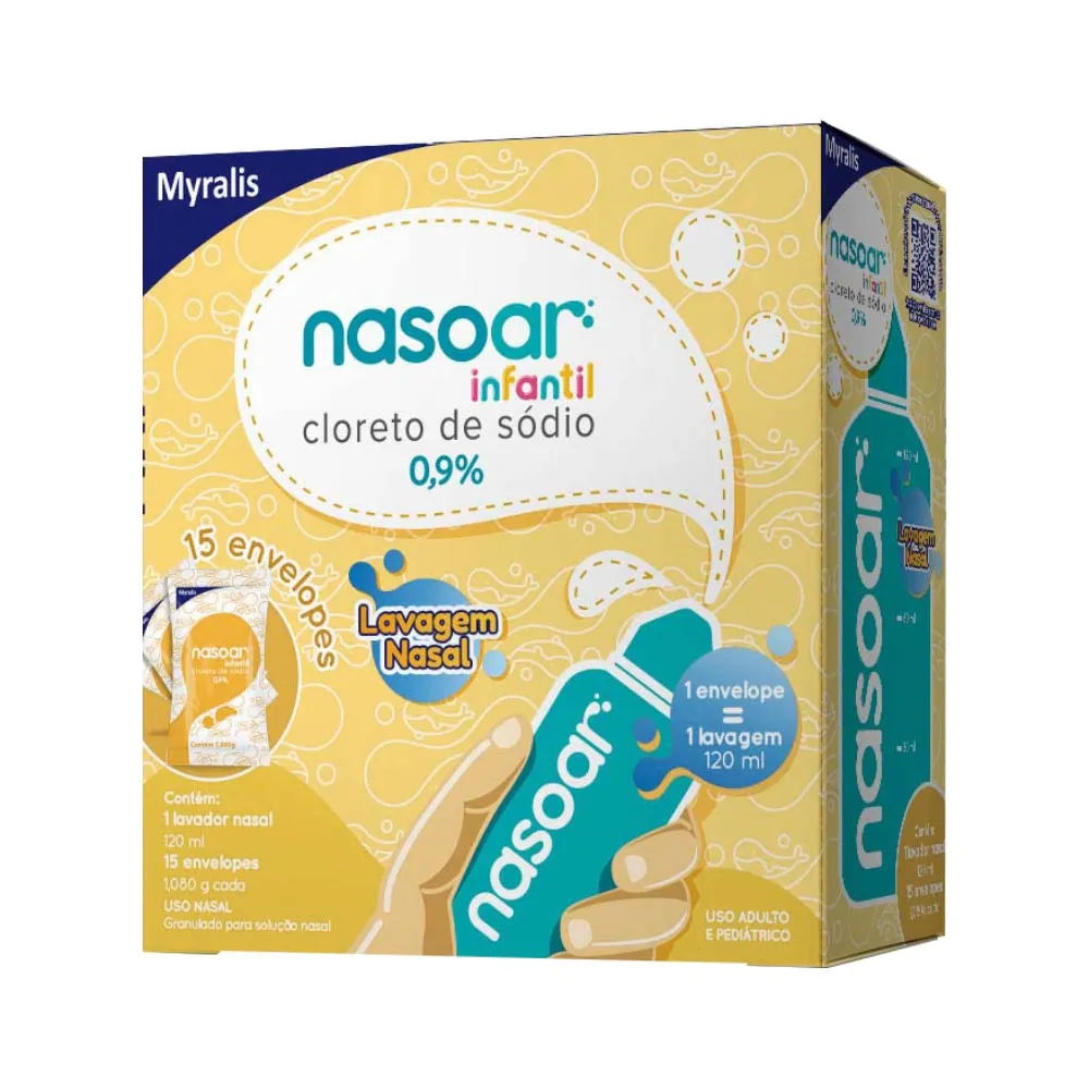 Nasoar Infantil 0,9% Lavagem Nasal 15 Envelopes + Lavador Nasal 120ml Myralis