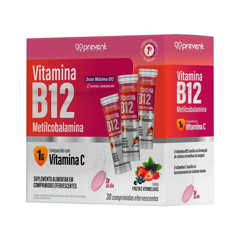 Vitamina B12 Metilcobalamina+vitamina C 1g Com 30 Comprimidos  Efervescentes Frutas Vermelhas Prevent