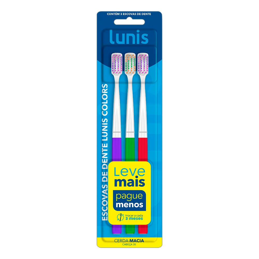 Escova De Dente Lunis Colors Macia 3 Unidades