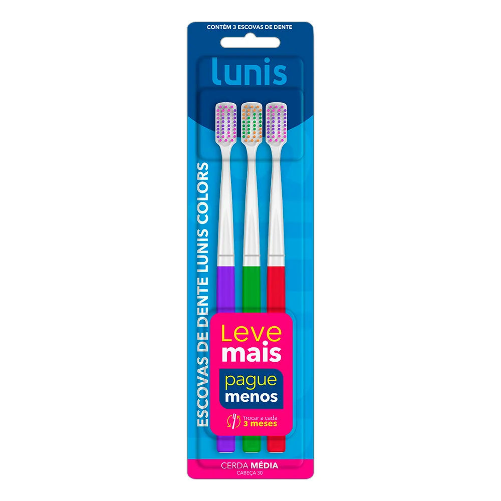 Escova De Dente Lunis Colors Média 3 Unidades