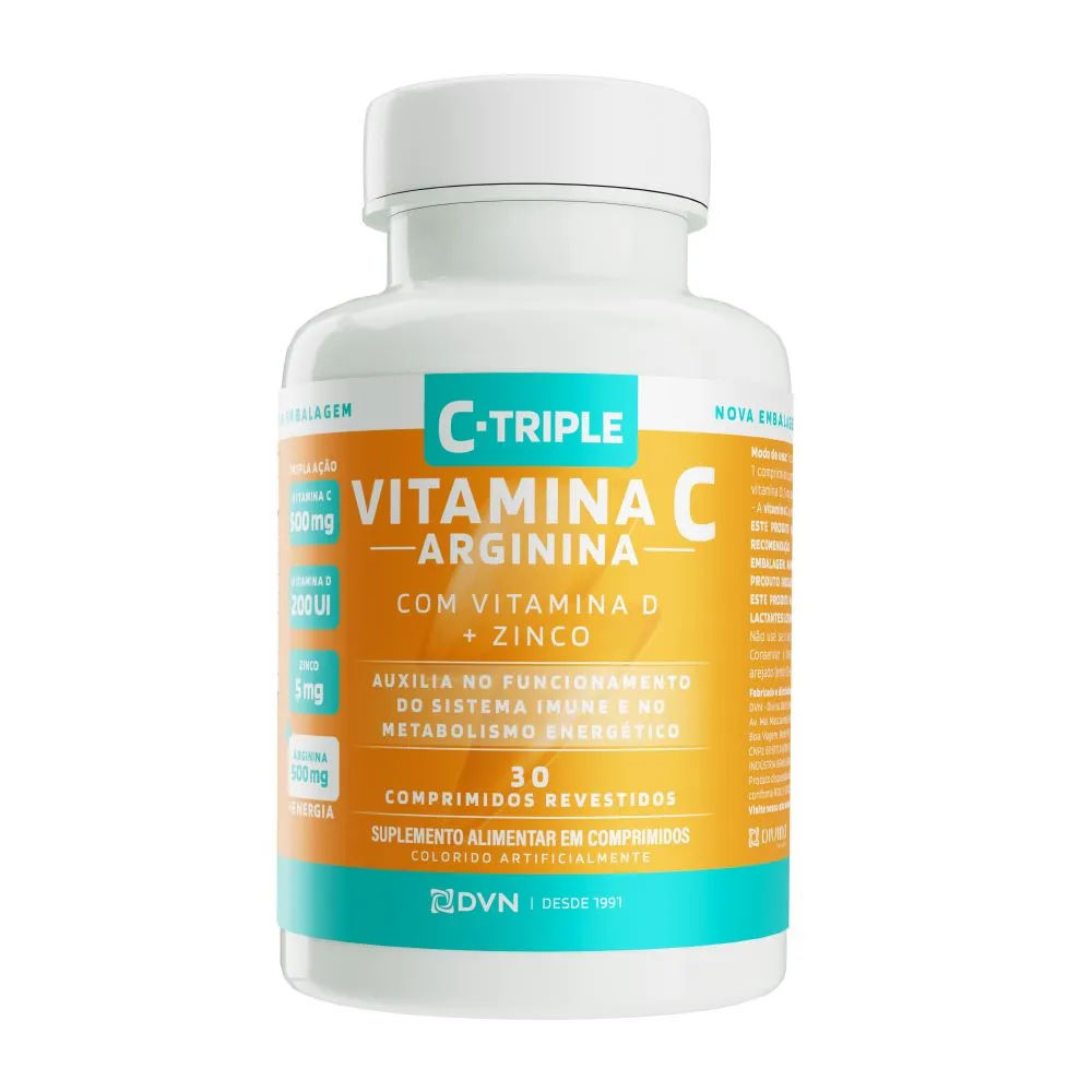 C-Triple + Arginina - Vitamina C 500mg + Zinco 5mg + Vitamina D 200UI + Arginina 500mg 30 Comprimido