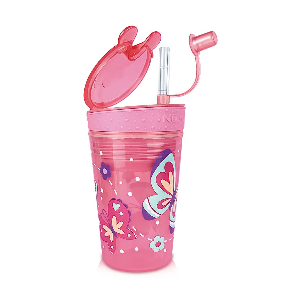 Copo Nuby 2 Em 1 270ml Com Canudo Porta Snack Rosa