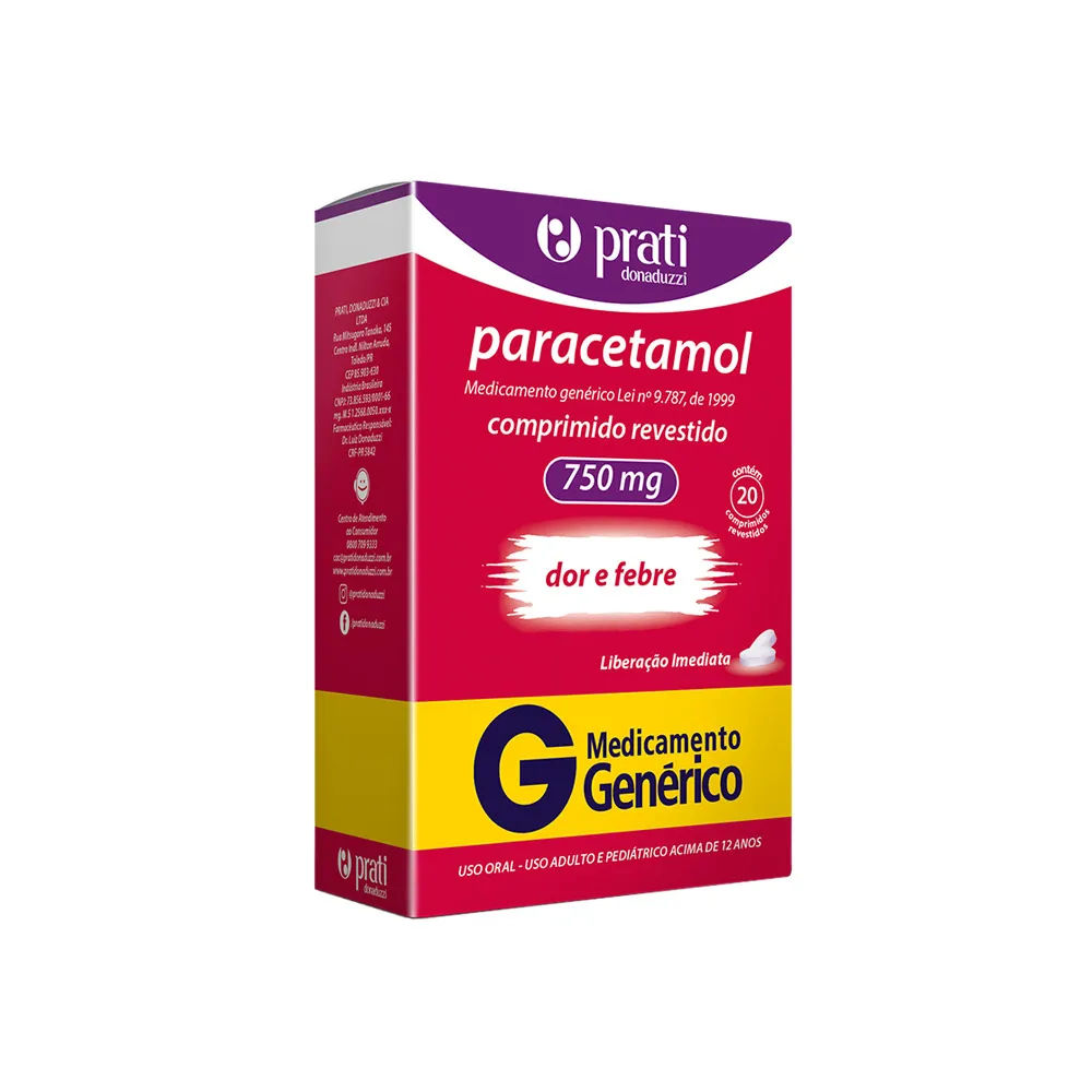 Paracetamol Prati Com 20 Comprimidos 750mg