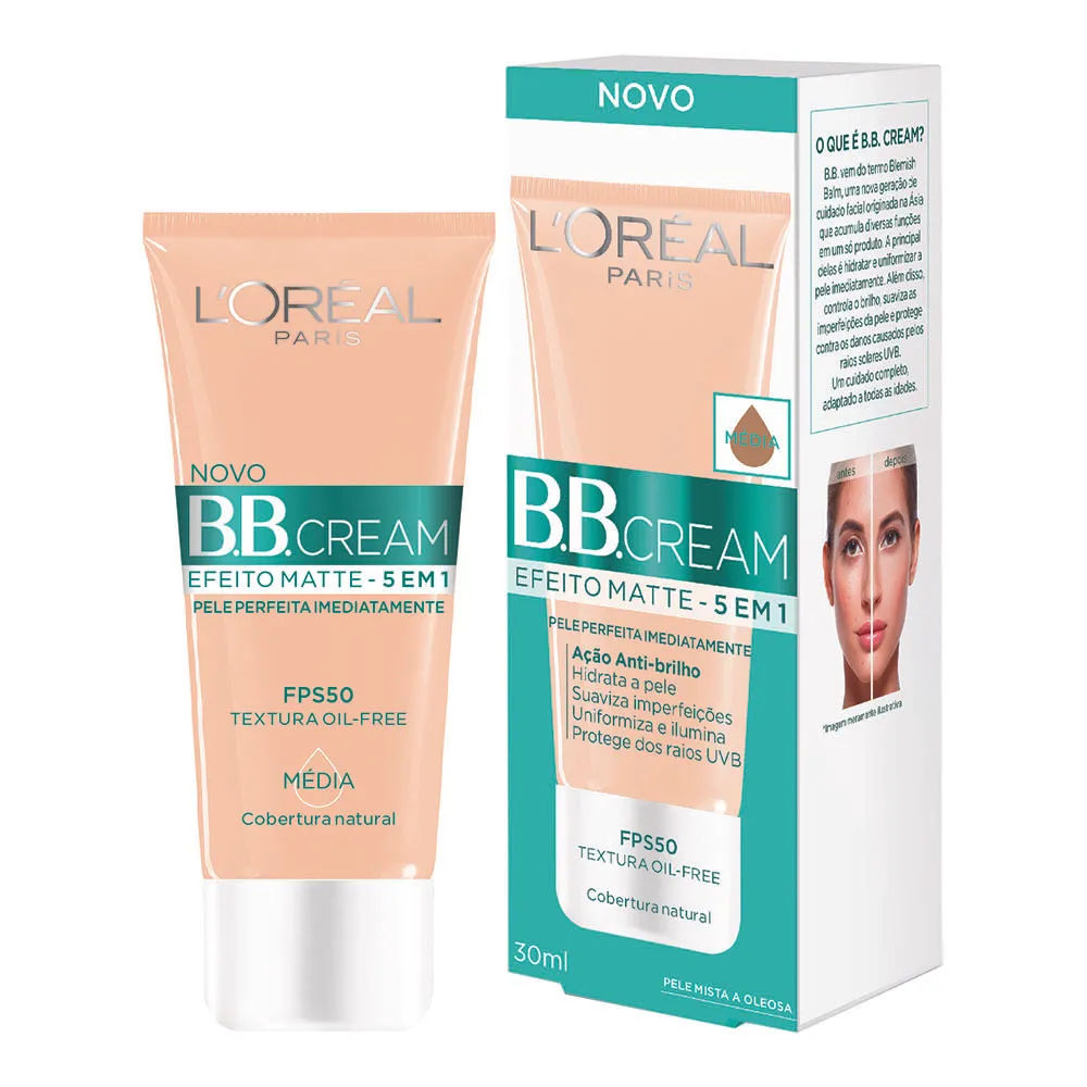 Base BB Cream LOréal Efeito Matte 5 em 1 Média FPS50 30ml