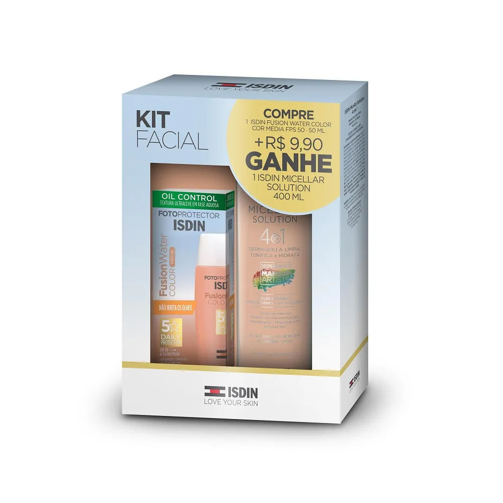 Kit Isdin Protetor Solar Facial FPS 50 Fusion Water Color Média 50ml + Solução Micelar 400ml
