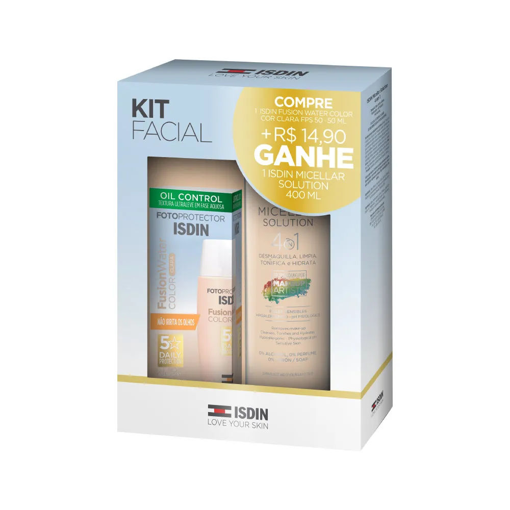 Kit Isdin Protetor Solar Facial FPS 50 Fusion Water Color Clara 50ml + Solução Micelar 400ml