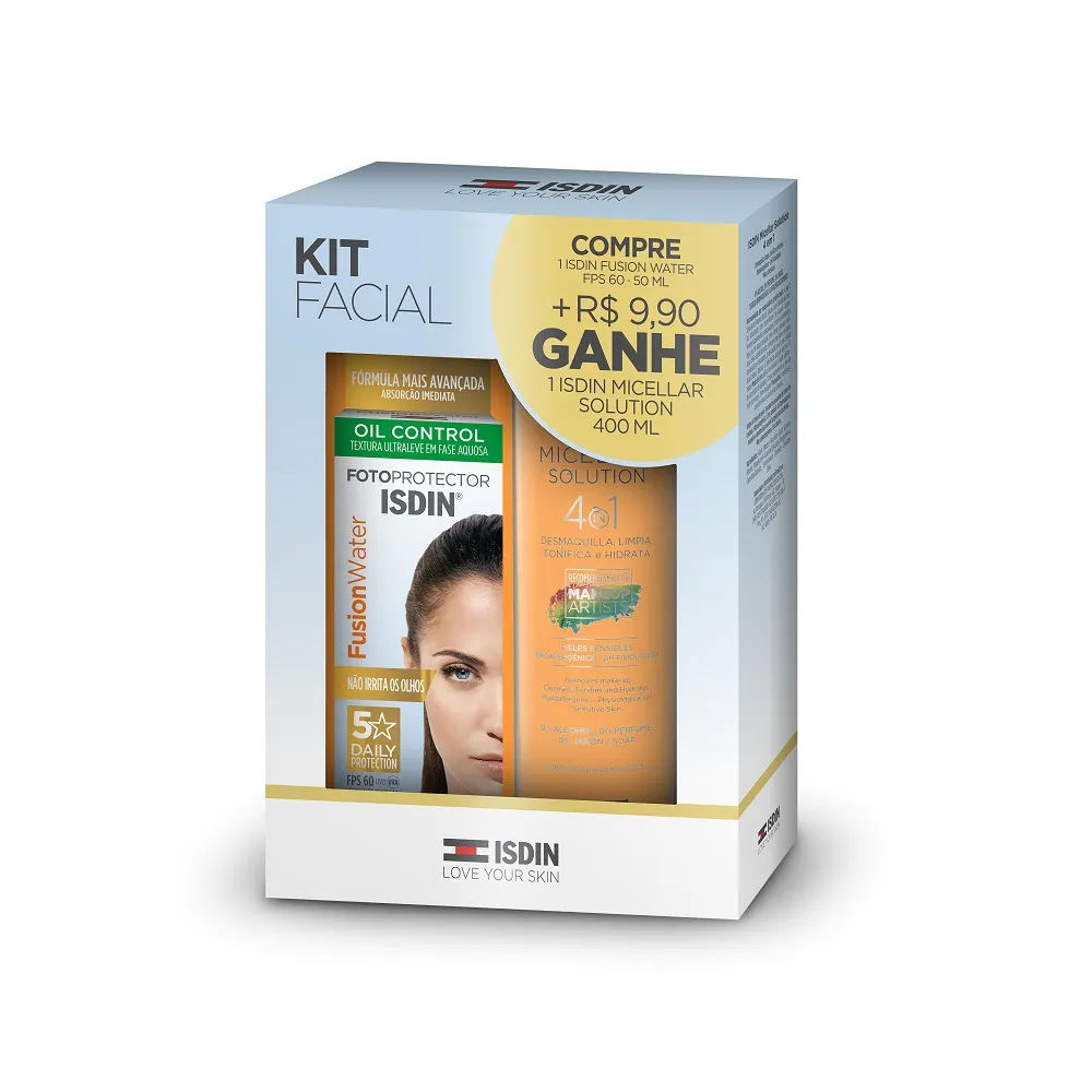 Kit Isdin Protetor Solar Facial FPS60 Fusion Water Sem Cor 50ml + Solução Micelar 400ml