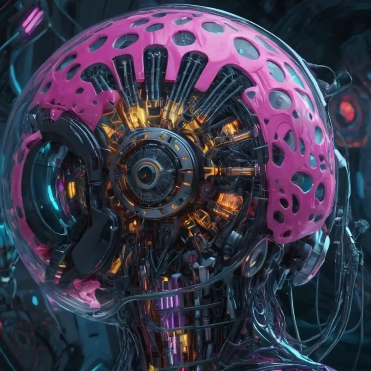 The image is a close-up of a organo-digital brain, highlighting its intricate details. The content suggests an artistic interpretation, integrating elements of fractal art and abstract designs. The use of circular shapes enhances the appeal and complexity of the mysterious fusion.
