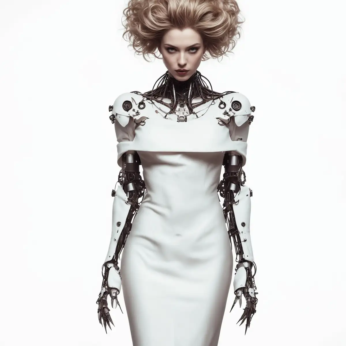 The image features a cyborg lady wearing a tight white dress, embodying elements of fashion and haute couture. The image is emphasizing the clothing's design and embellishments. The cyborg lady projects elegance while highlighting various parts of her robotic body that look like accessories.