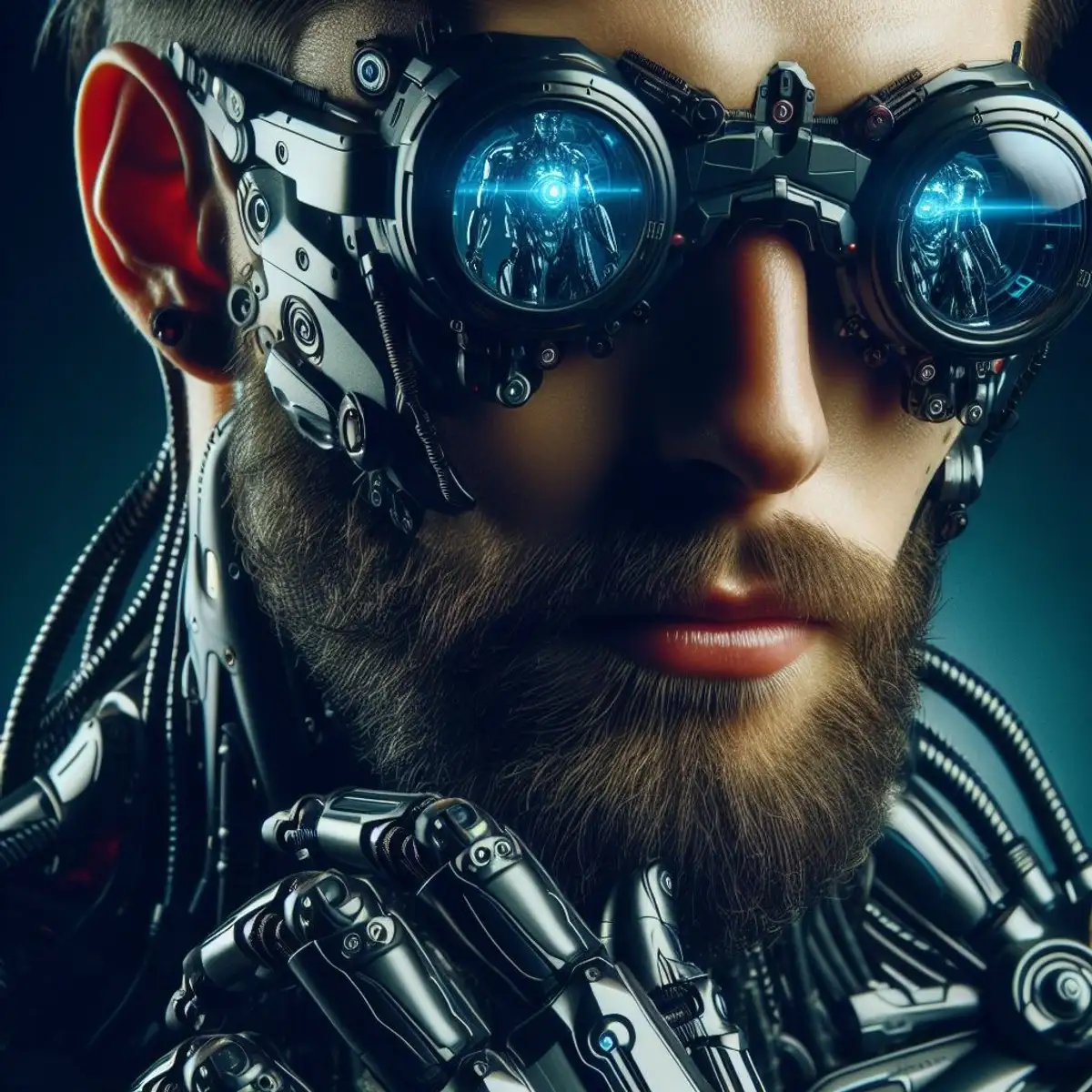 A young cyborg man with a beard and moustache is wearing heavy techno eyewear, giving them a cool and stylish appearance. The reflection is visible a metallic cyborg with blue light in his chest.