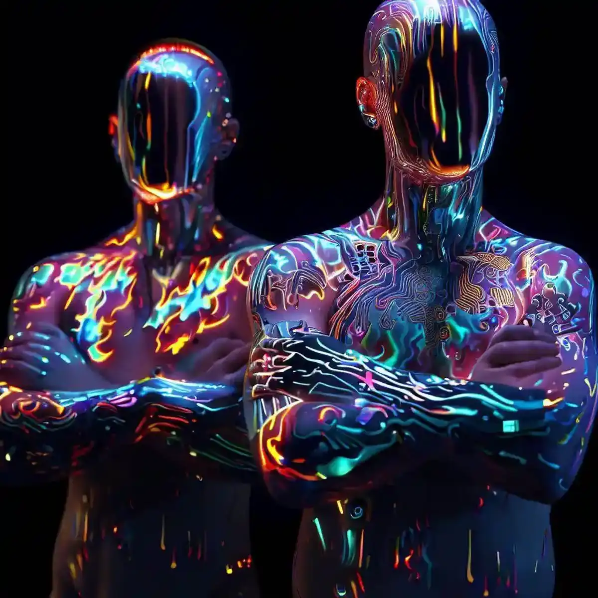 Philosophical representation of a split man having two identical upper bodies. Each half is looking at each other as if the man is examining his emotional state