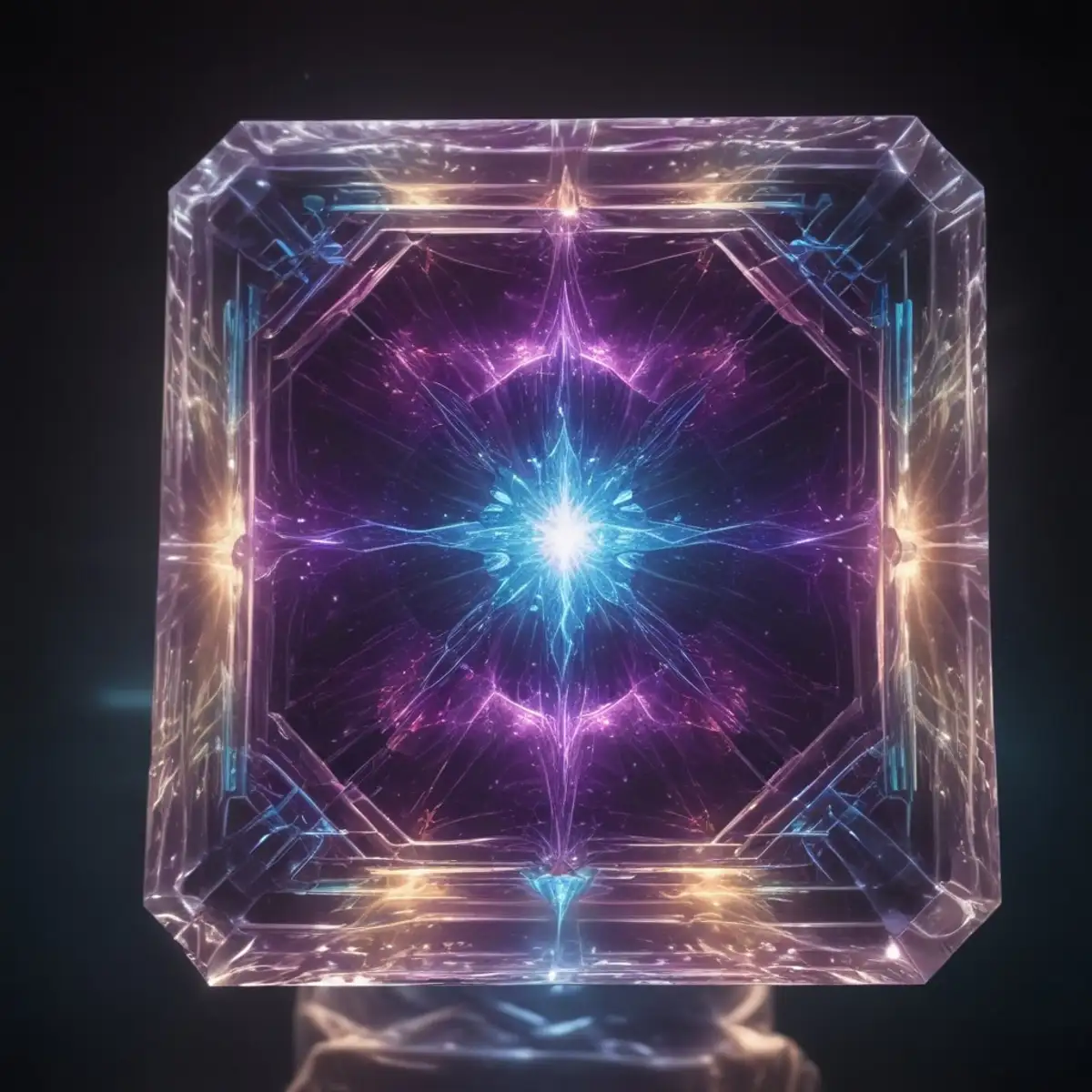 The image features a blue and purple nebulous crystalline artifact, showcasing vibrant colours that blend together to create a mesmerising otherworldly scene. The view suggests elements of light and crystal refracting and reflecting in granular the transparency of  the nebulous structure.