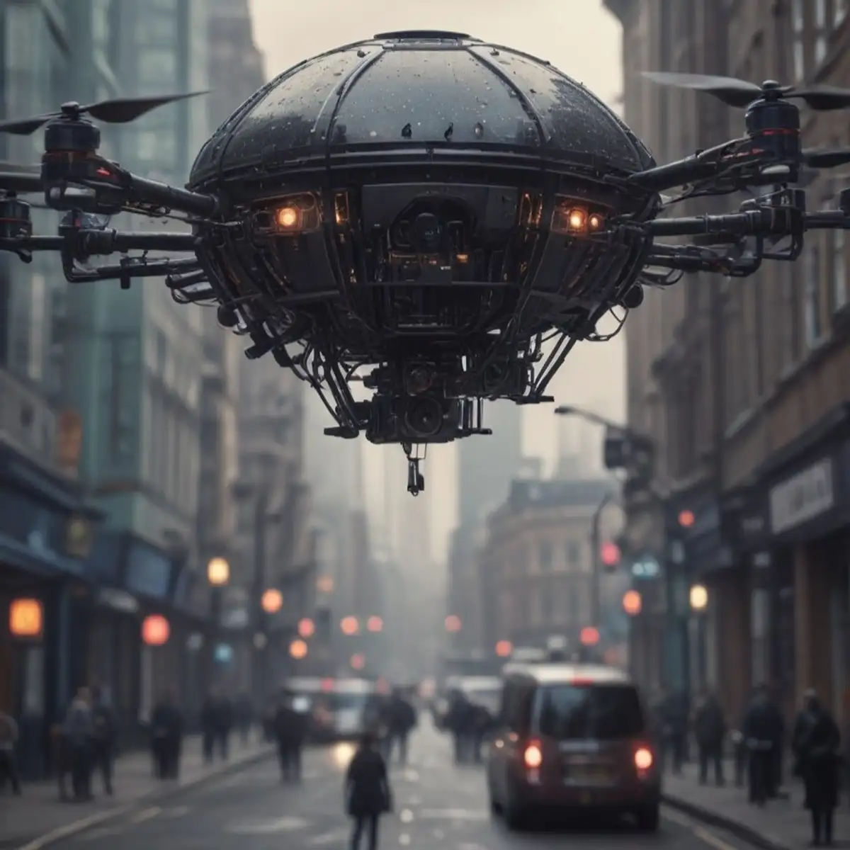 A large black robodrone is hovering above a street. The scene includes various urban elements such as buildings, street lights, and traffic. This outdoor environment suggests a futuristic city setting where vehicles are present on the road.
