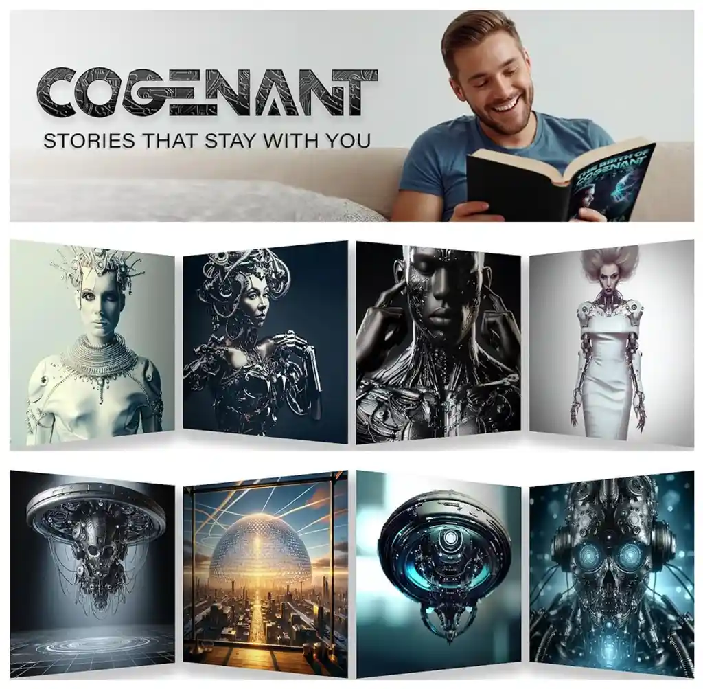 A bearded guy is engaged in reading a book with a wide smile on his face. The image conveys a moment of focus, enjoyment and immersion in literature. The book features the title "COGENANT®" with the tagline "STORIES THAT STAY WITH YOU."