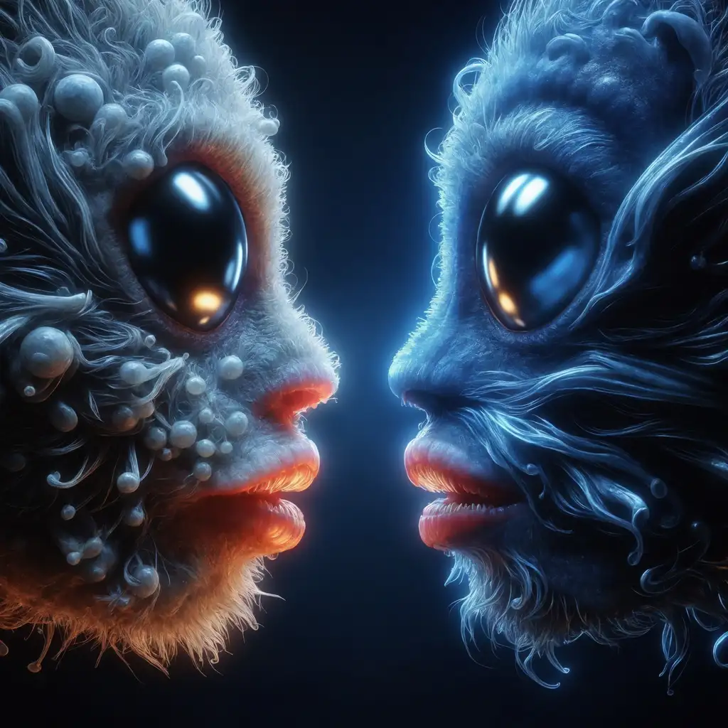 This image features a close-up of two furry alien faces with large black shiny eyes staring at each other. One is white and the other is blue. The image shows intricate details of their curly fur. The scene is a bit unsettling because the lips of the creatures look like pink human lips. The overall vibe blends human features with artistic flair, inviting curiosity and imagination.