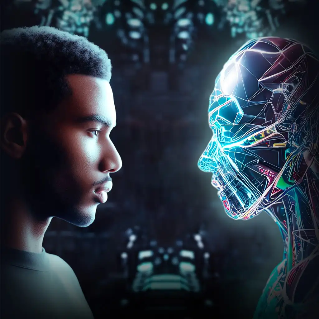 face-to-face confrontation between a young black guy with curly hair and a glowing interdimensional entity. They are in a mysterious dark tech environment surrounded by otherworldly technology