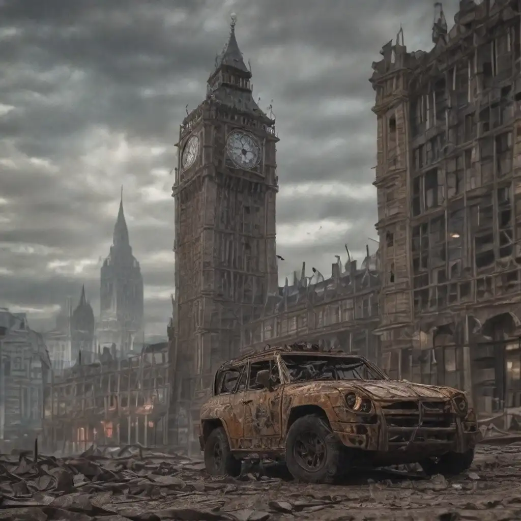 A dystopian scene of destruction after severe weather event in central London. A destroyed jeep is dropped in front of a ruined Big Ben and the House of Parliament. The sky is cloudy. The street is covered with dirt and debris.