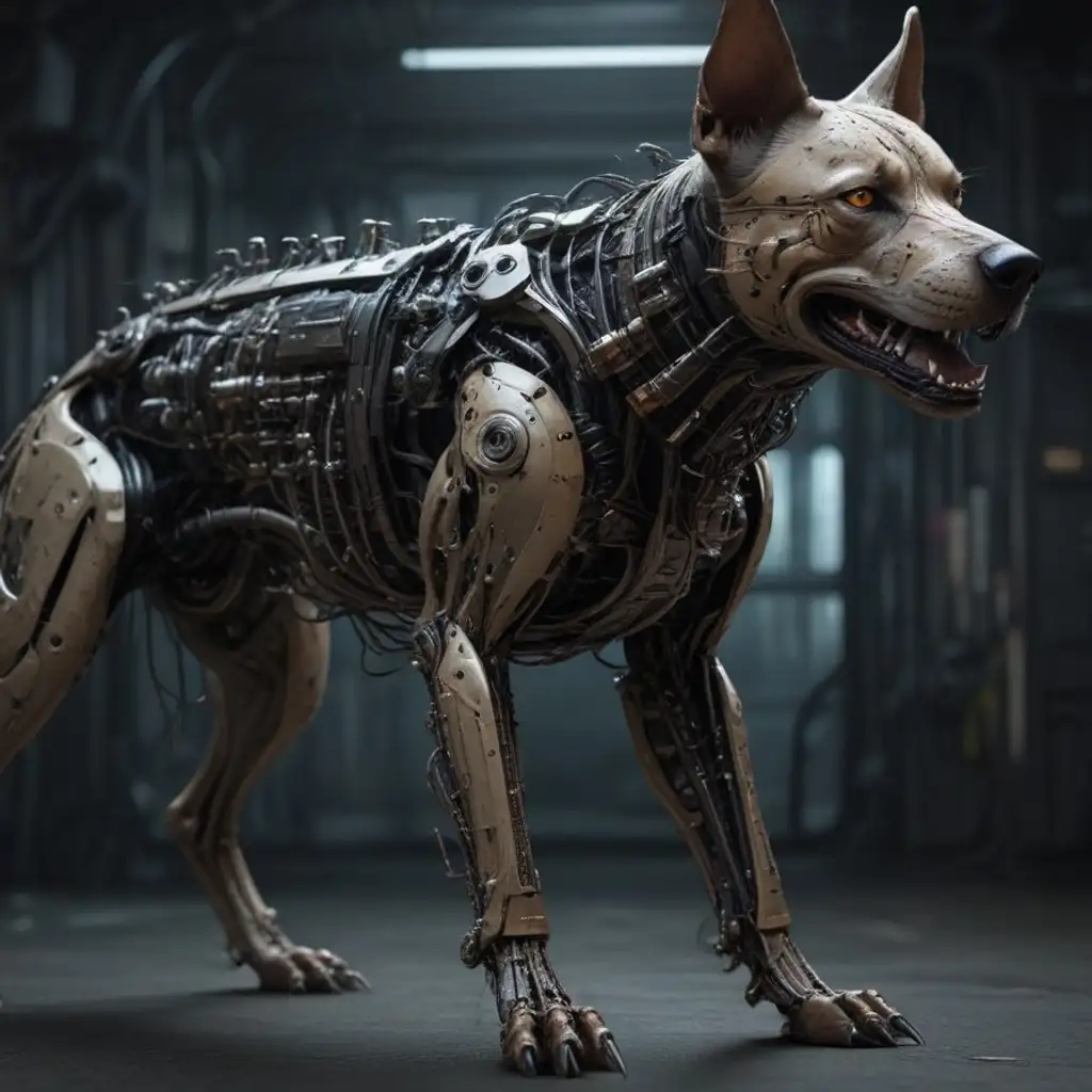 The image features a futuristic cybernetic dog looking into the distance. It is anatomically correct but its mechanical joints and structure clearly visible.
