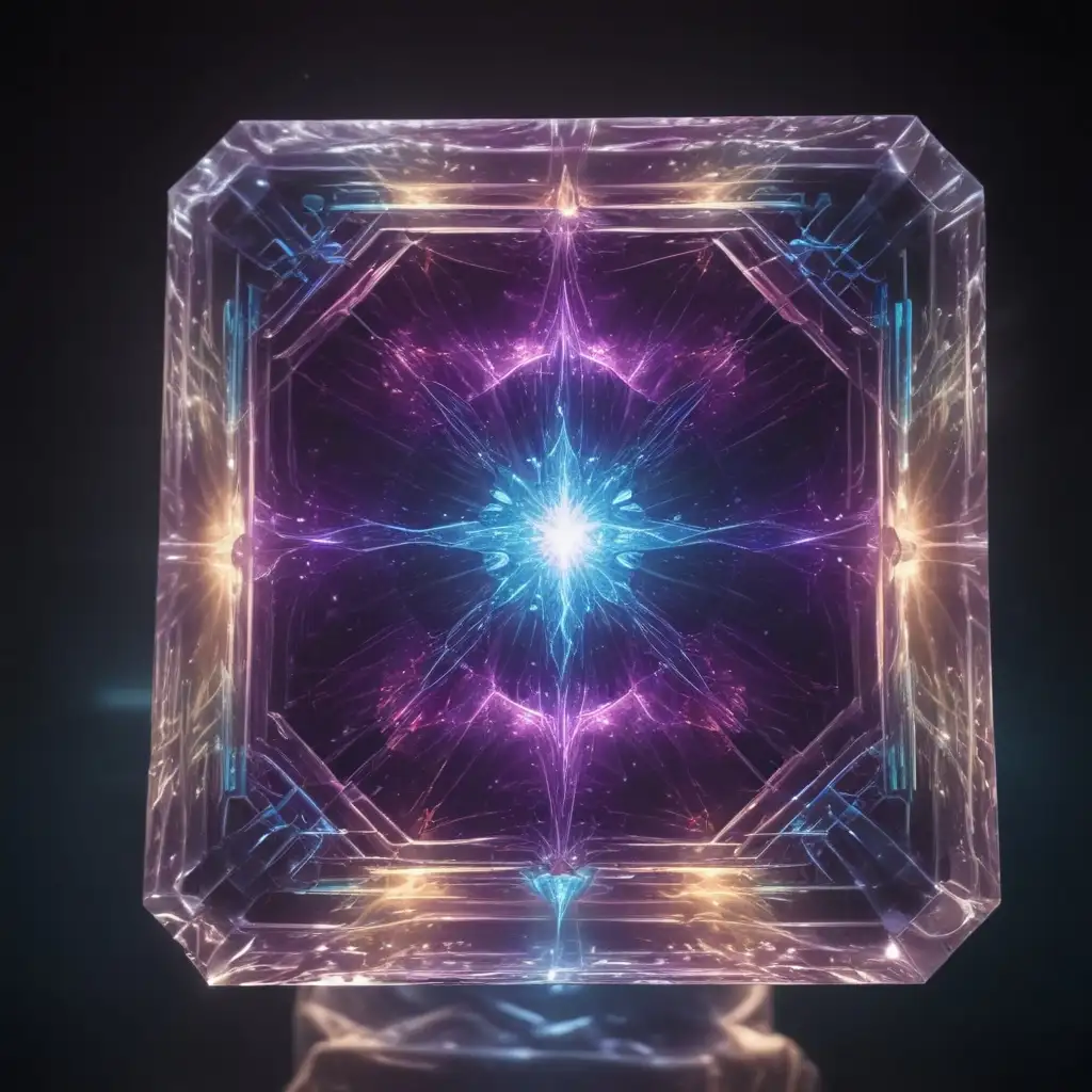 The image features a blue and purple nebulous crystalline artifact, showcasing vibrant colours that blend together to create a mesmerising otherworldly scene. The view suggests elements of light and crystal refracting and reflecting in granular the transparency of  the nebulous structure.