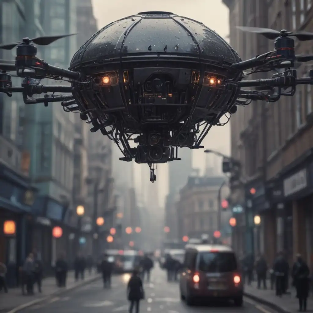A large black robodrone is hovering above a street. The scene includes various urban elements such as buildings, street lights, and traffic. This outdoor environment suggests a futuristic city setting where vehicles are present on the road.