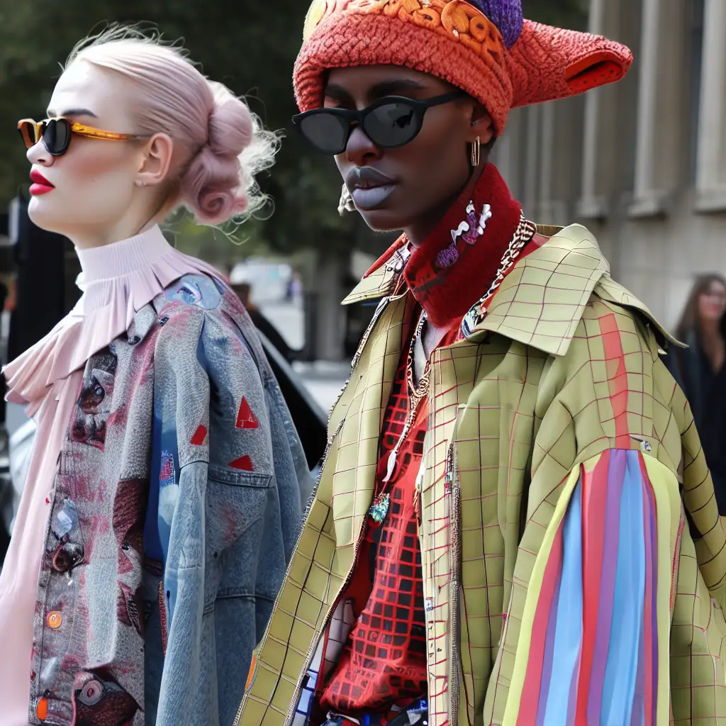 This image features a young black woman and a young white woman dressed in futuristic stylish clothing, showcasing trendy fashion accessories. They are portrayed outdoors, surrounded by a vibrant street atmosphere. The individuals wear hats and sunglasses, adding to their fashionable appearance. Overall, the scene highlights futuristic style and diversity among young adults.