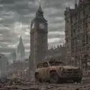 A dystopian scene of destruction after severe weather event in central London. A destroyed jeep is dropped in front of a ruined Big Ben and the House of Parliament. The sky is cloudy. The street is covered with dirt and debris.